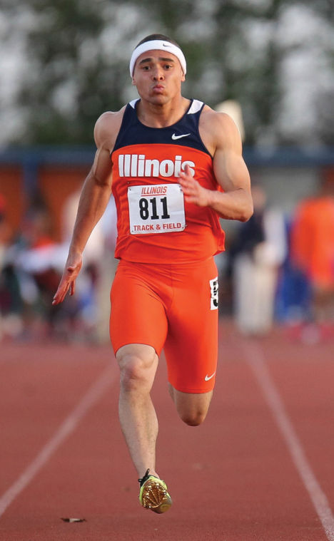 Illinois Brandon Stryganek runs the 100 meter dash during the Illinois Twilight Track and Field meet at Illinois Soccer and Track Stadium, on Saturday, April 12, 2014.