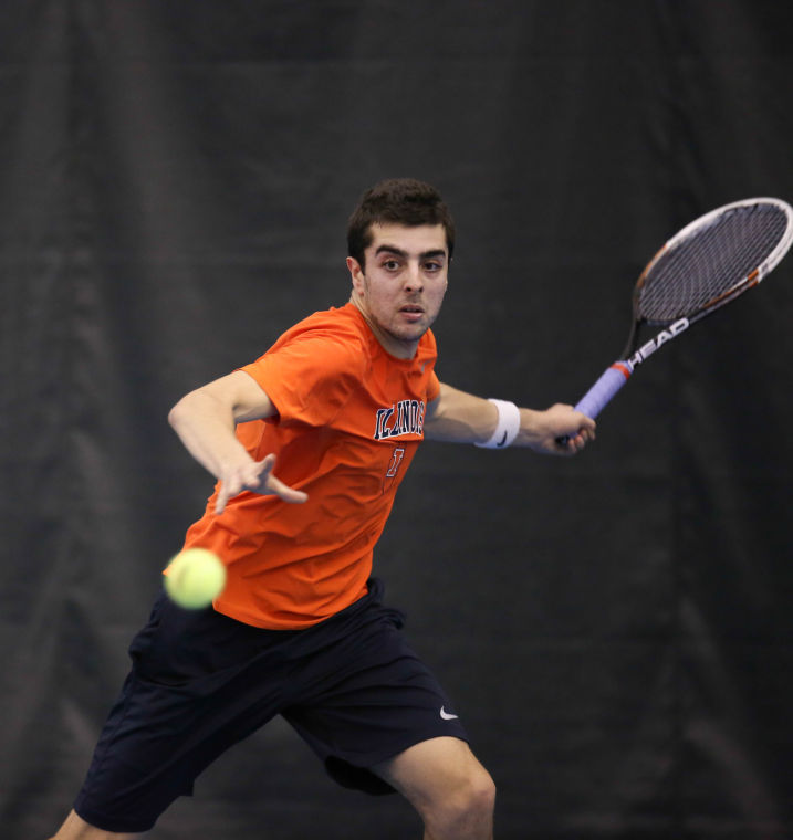 Ferris Gosea attempts to return the ball during the meet against Pepperdine at Atkins Tennis Center on March 14. The Illini won 5-0.