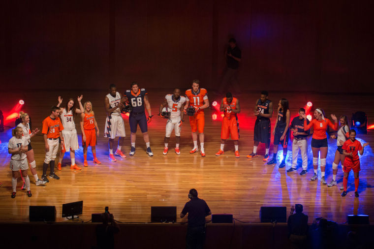 Illinois student-athletes line up on stage during the Nike Brand Identity Launch at Krannert Center for the Performing Arts, on Wednesday, April 16, 2014.