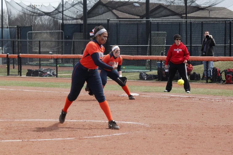 Shelese Arnold pitches the ball during the game against Nebraska on April 6. She got the win in one of this weekends games against Purdue. 