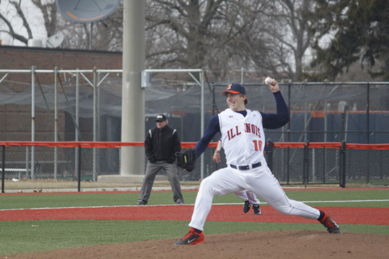Illinois Rob McDonnell (16) pitches the ball during the game against Indiana State at Illinois Field on Tuesday, Mar. 18, 2014. The Illini won 8-0.