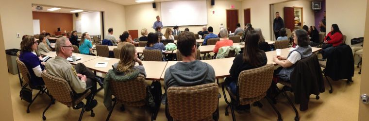 Students and community members gather for the April forum on Mental Health Disparities in the Criminal Justice System, led by Dr. Matt Epperson from the University of Chicago, on Thursday in the School of Social Work.