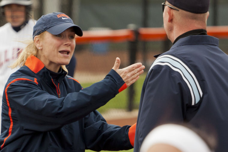 Illini head coach Terry Sullivan argues with an umpire over a controversial call at a game in 2011. Sullivan was suspended for two games after having a lengthy argument with umpires in a game against Michigan on Saturday.