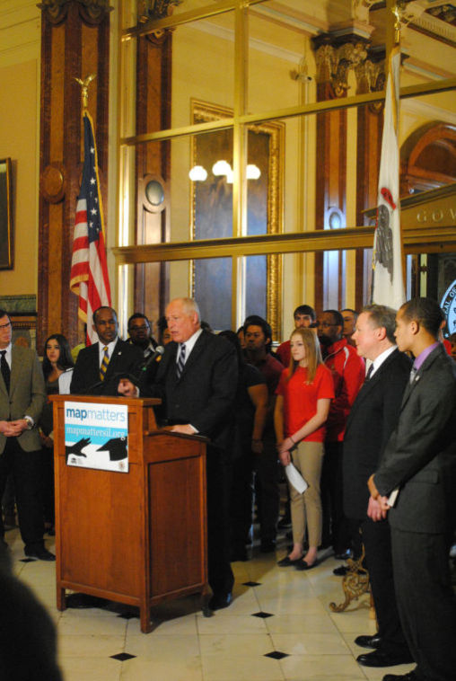 Gov. Pat Quinn speaks at the MAP Matters Day rally on Wednesday. Quinn has proposed to double MAP funding over the next five years.
