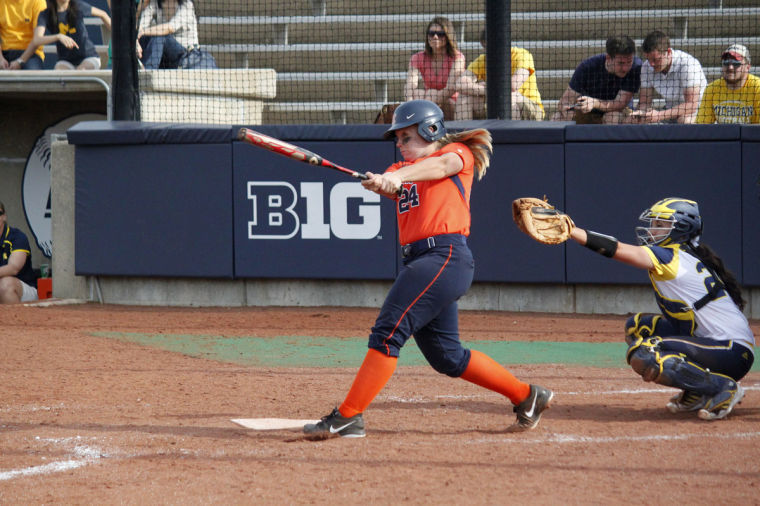 Illinois Jenna Mychko (24) hits a foul ball during the second game against Michigan at Eichelberger Field on Saturday April 26. The Illini lost 6-5.