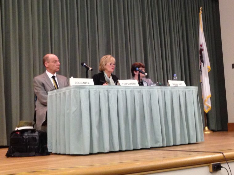 Committee co-chairs Douglas Beck, physics professor, and Pam Strobel, trustee, speak at the presidential search committees Urbana town hall meeting June 25. To the right of Strobel is Susan Kies, secretary of the Board of Trustees. 