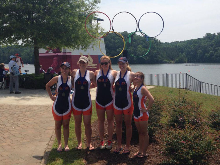 Pictured from left-to-right: Dana Brecklin, Diana Montgomery, Elizabeth Dunne, Katie Ruhl, and coxswain Adele Rehkemper, members of the women’s novice 4-plus rowing team. The team recently won its second national championship in Georgia.