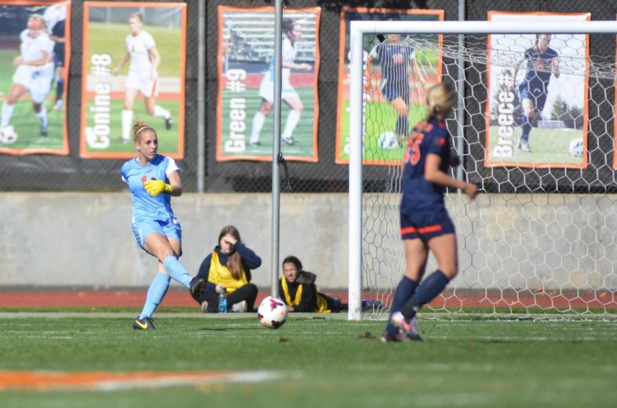 Illinois goalkeeper Claire Wheatley (1) kicks the ball during the game against Michigan State at the Illinois Soccer and Track Stadium. on Oct. 27, 2013. The Illini won 2-0.