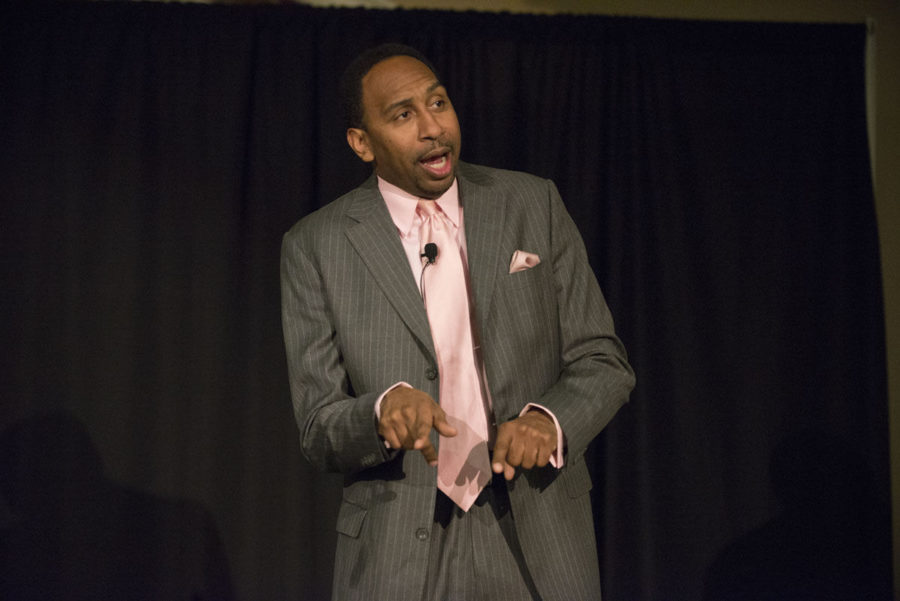 Stephen A. Smith, commentator on ESPN First Take, speaks at the Illini Union on Tuesday, Sept. 23, 2014.