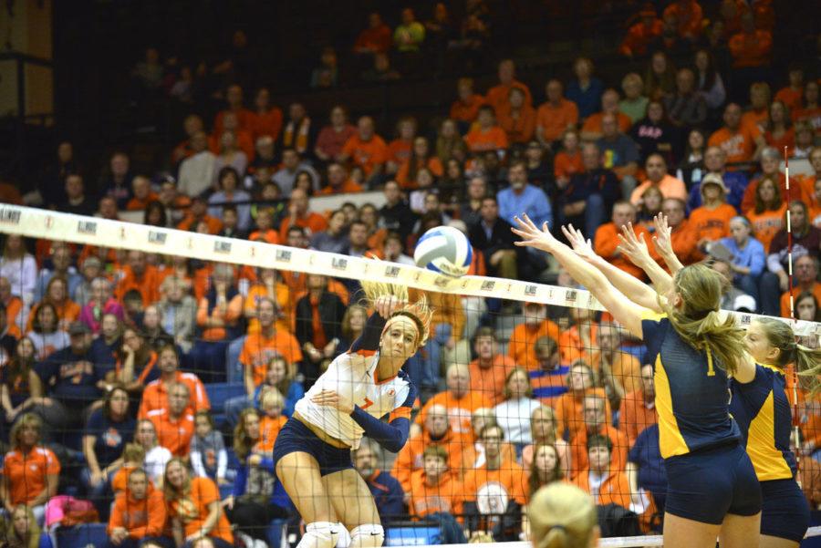 Illinois’ Jocelynn Birks spikes the ball during an NCAA Tournament match. Birks has led the team in kills each of the past two seasons.