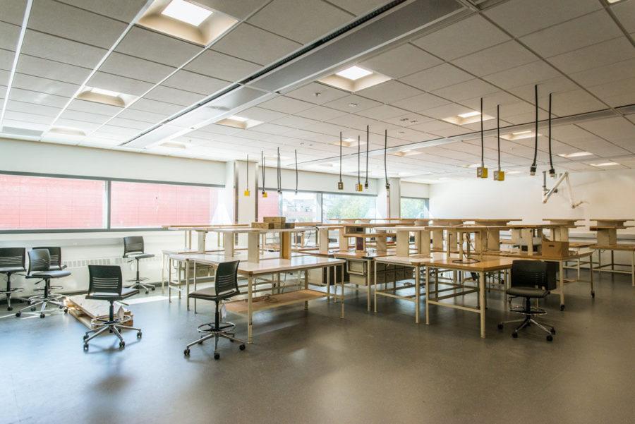 Still under construction, the Open Projects Lab is designed to be a workspace for independent projects. It allows students to continuously research and add to their projects without having to move them from one place to another.