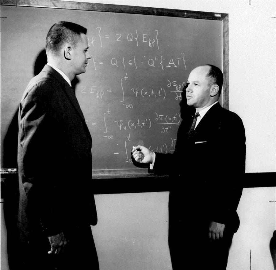 Dr. Harry Hilton, professor emeritus in Aerospace Engineering, right, with former Ph.D student Alister Fraser in 1965.
