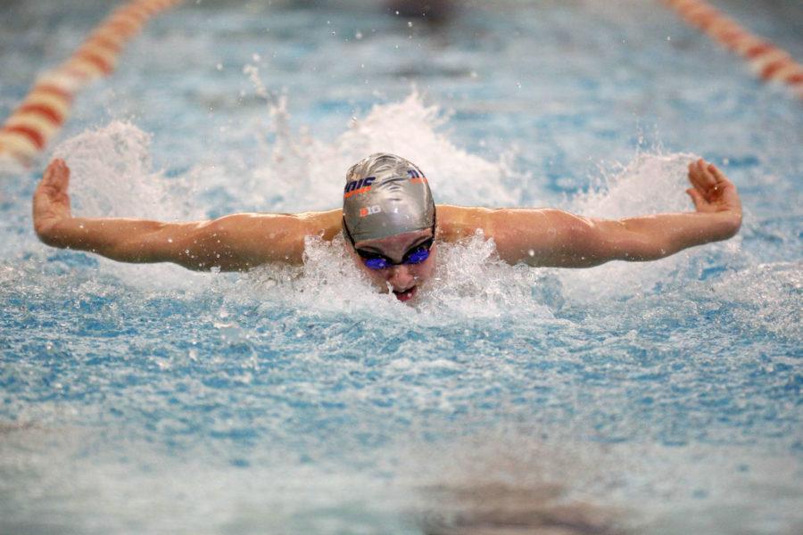 Illinois' Gabbie Stecker swims the 200-yard individual medley event during the Orange and Blue Exhibition meet at the ARC, on Friday, Oct. 3. The Orange Team won 125-97.