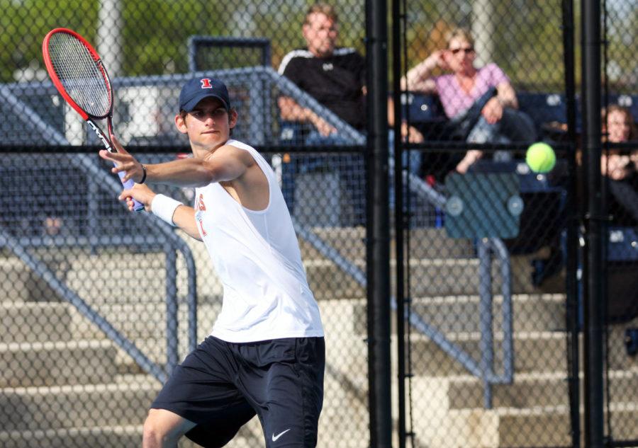 lllinois’ Jared Hiltzik prepares to return the ball during the first round of NCAA Tennis Regionals against Ball State University at Khan Outdoor Tennis Complex on May 9, 2014. 