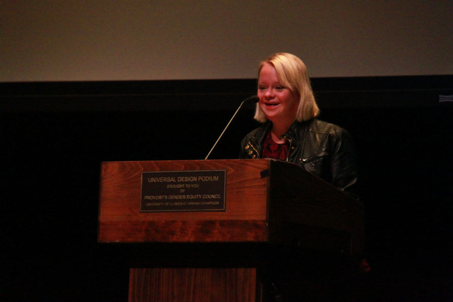 Lauren Potter, actress on the television show Glee, speaks about dealing with intellectual disabilities to students at Lincoln Hall Theater on Sunday.