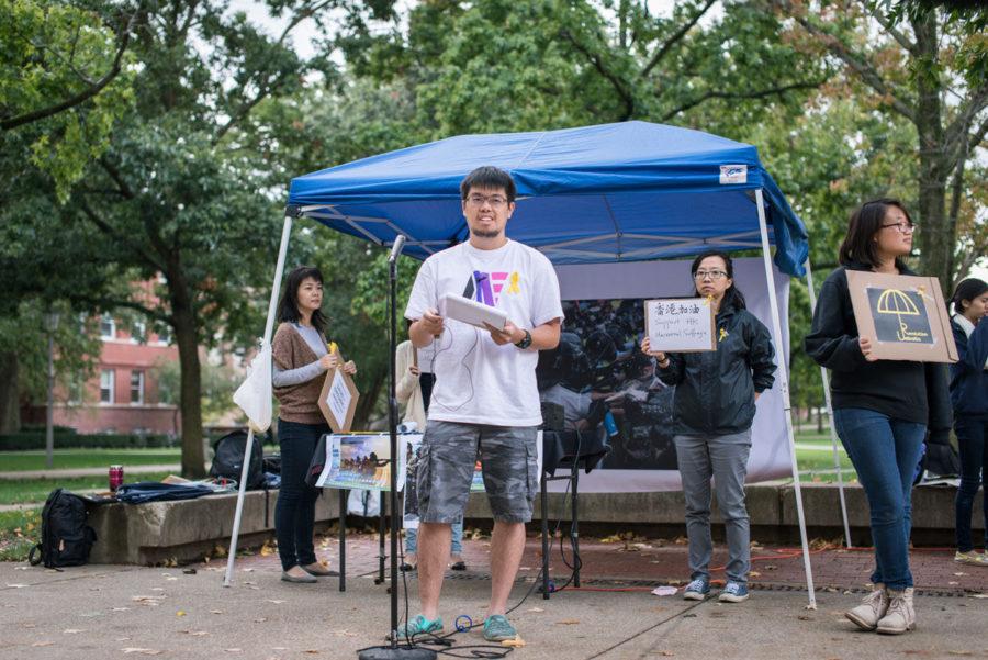 Phillip Louie, junior in Engineering, gives a speech describing Hong Kongs path to democracy and how that path is being threatened today in front of the Union on October 3rd, 2014.