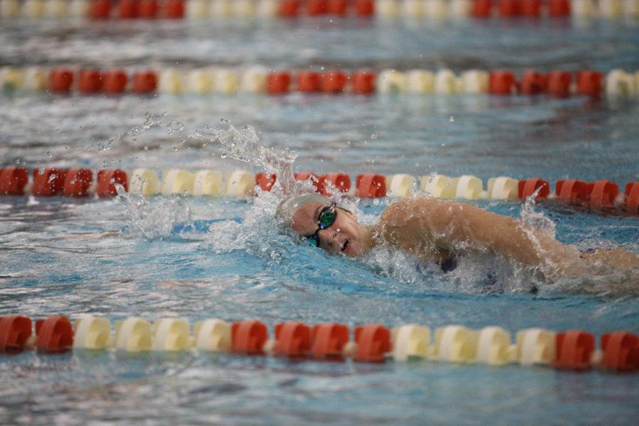 Illinois Gabbie Stecker swims the 500 Yard Freestyle event during the Orange and Blue Exhibition meet at the ARC, on Friday, Oct. 3, 2014. The Orange Team won 125-97.