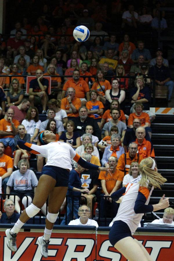 Illinois Morganne Criswell rises for a spike during the game against Rutgers at George Huff Hall, on Sept. 27. The Illini won 3-0. Criswell was crucial in the win over the Huskers.