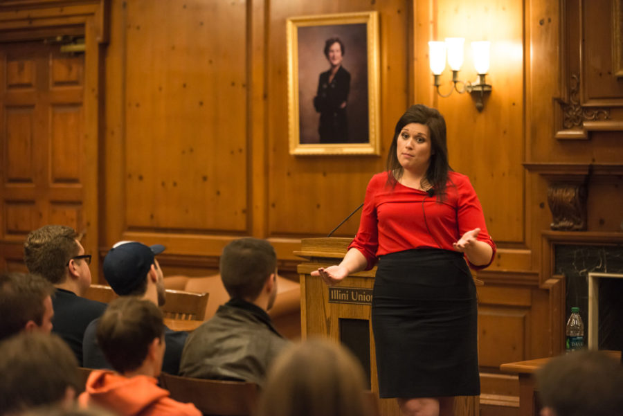 Kristin Williamson, Illinois state representative candidate, answers the questions and concerns of University students at the Illini Union on Oct. 21, 2014.