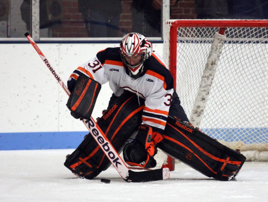 Illinois%E2%80%99+Joe+Olen+stops+the+puck+during+a+game+against+Ohio+last+Friday.+Olen+is+suspended+from+the+game+against+Lindenwood+on+Friday.