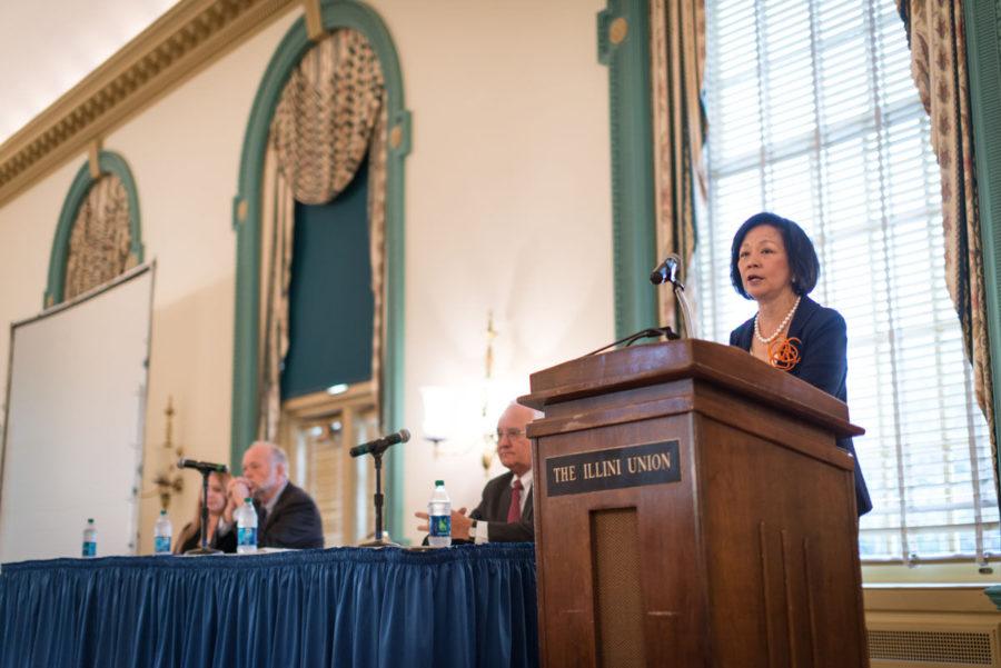 Chancellor Phyllis Wise speaks at the Illini Union Ballroom on Oct. 13, 2014. Wise resigned Thursday citing external factors. 
