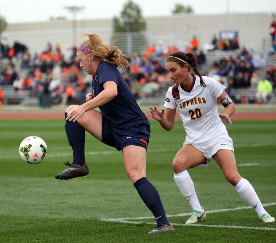Illinois Janelle Flaws (3) attempts the bring the ball under control inside the 18-yard box during the game against Minnesota at Illiniois Track and Soccer Stadium, on Sunday, Oct. 12, 2014. The Illini lost 2-1 in overtime.