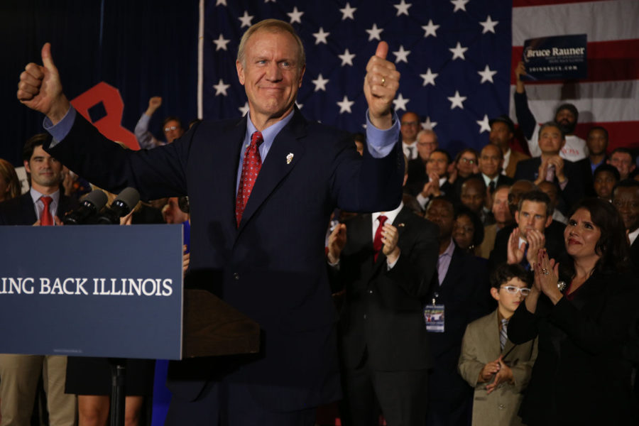Republican candidate for governor Bruce Rauner declares victory at his election night celebration at the Hilton Chicago on Tuesday. 