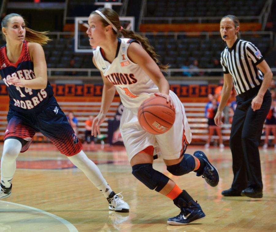 Illinois Brooke Kissinger leads a fast break during the game against Robert Morris at State Farm Center on Tuesday. The Illin won 66-48.