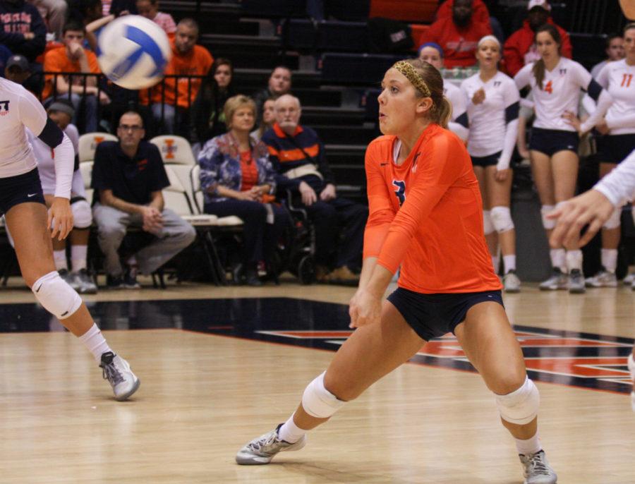 Illinois’ Brandi Donnelly goes for a dig during the volleyball game versus Ohio State at Huff Hall on Wednesday. Donnelly has been making an impact for the Illini at libero despite being a true freshman.