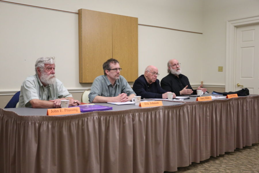 Left to right, John Prussing, Eric Johnson, Harry Hilton, and Cary Nelson speak about academic freedom policies and procedures.