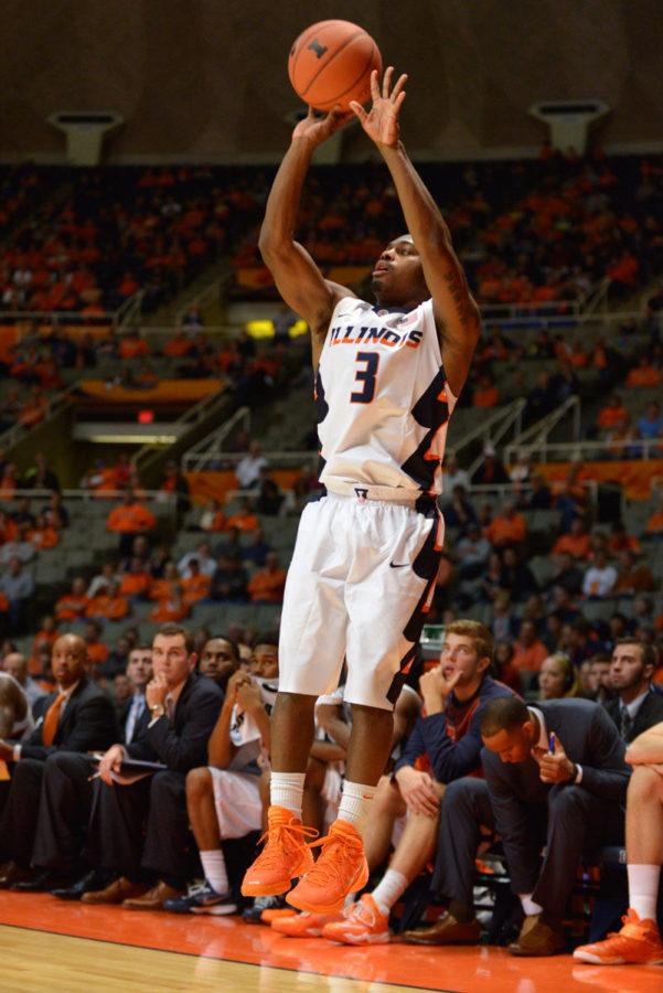 Illinois+Ahmad+Starks+shoots+a+three-pointer+during+the+exhibition+game+against+Quincy+at+State+Farm+Center+on+Friday.