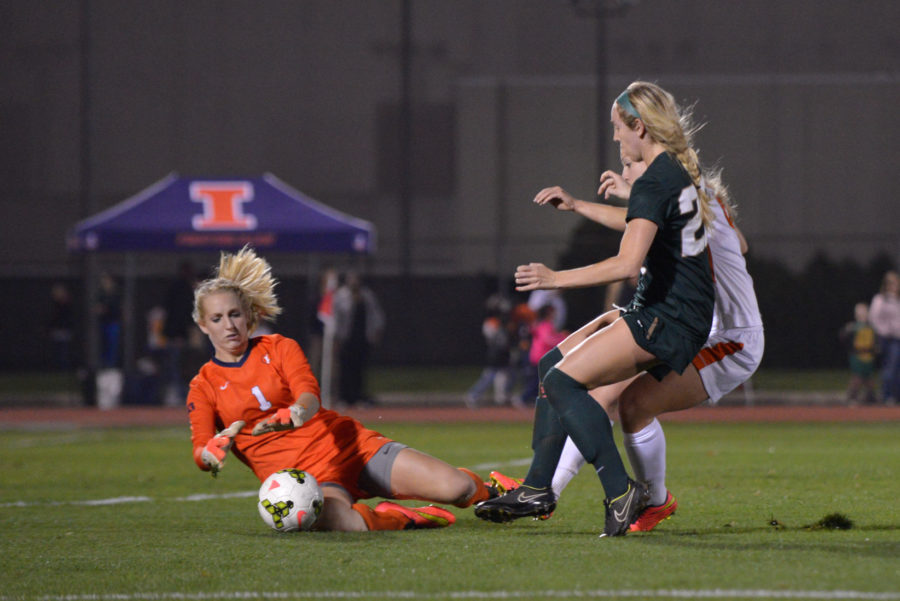 Illinois goalkeeper Claire Wheatley saves the ball during the game against Michigan State at Illinois Track and Soccer Stadium on Oct. 24. Wheatley was named the Big Ten Defensive Player of the Week.