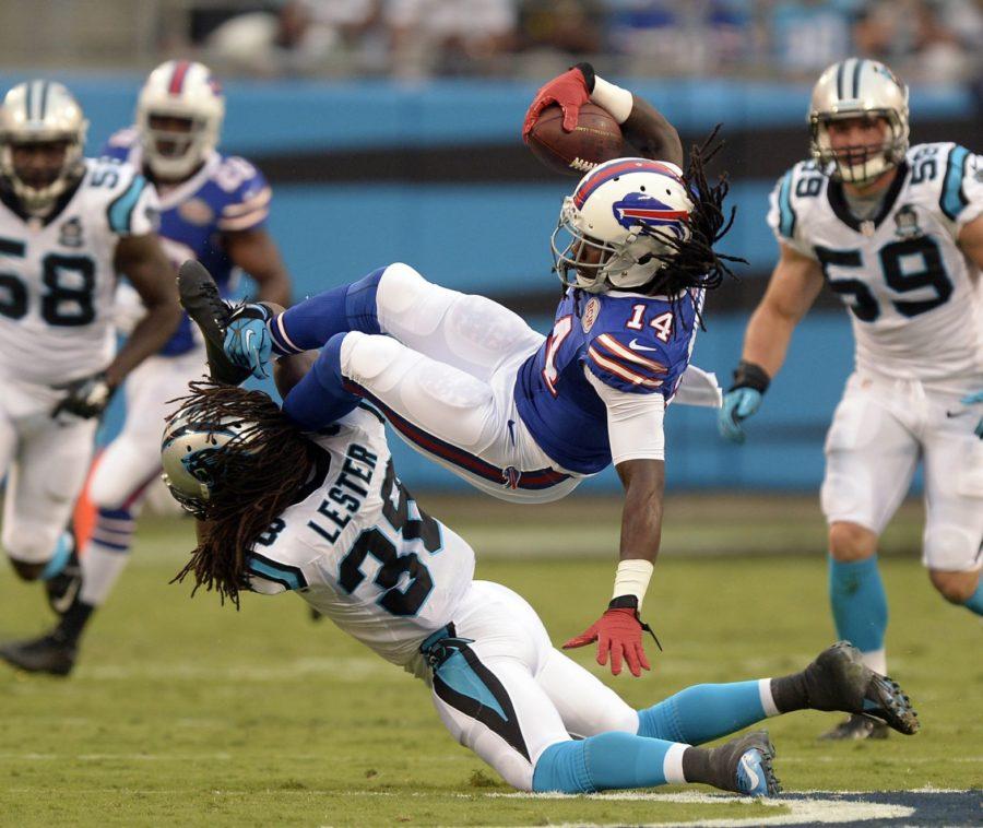 The Buffalo Bills Sammy Watkins (14) gets upended at Bank of America Stadium in Charlotte, N.C., on Friday, Aug. 8, 2014. (David T. Foster, III/Charlotte Observer/MCT)