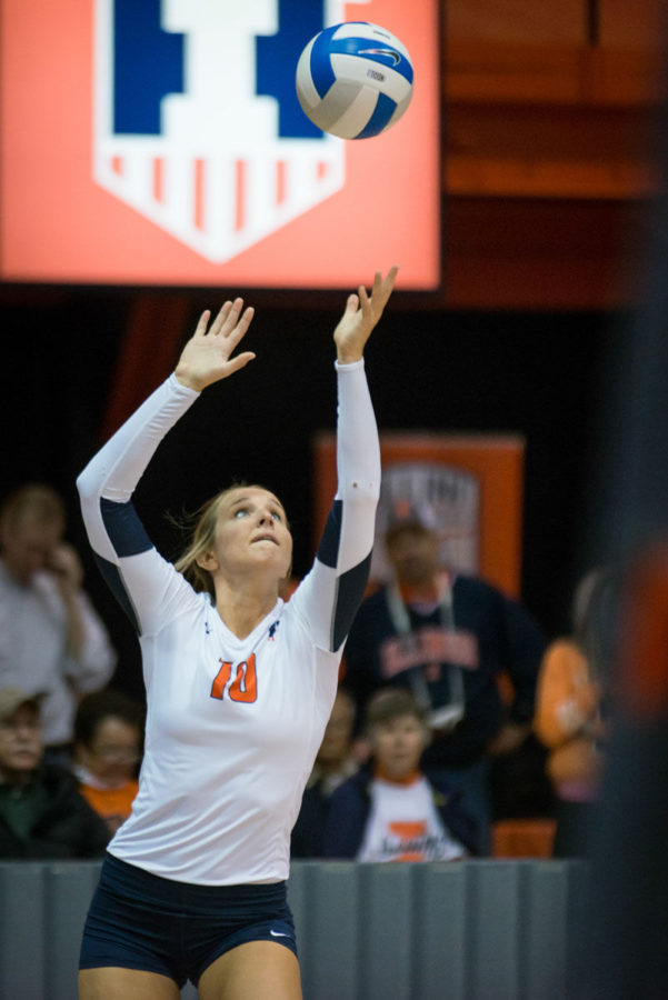Illinois+Danielle+Davis+serves+the+ball+during+the+volleyball+game+against+Northwestern+at+Huff+Hall+on+Saturday.+%E2%80%9CIt%E2%80%99s+going+to+be+another+battle+just+like+it+was+last+time%2C%E2%80%9D+said+Davis%2C+on+Illinois+match+today+against+Ohio+State.+In+early+October%2C+the+Illini+dropped+a+five-set+match+to+the+Buckeyes.