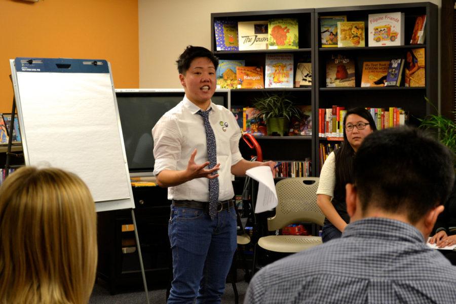 S.+Moon+Cassinelli%2C+graduate+student+in+English%2C+leads+a+discussion+on+how+recent+events+in+Ferguson+relate+to+the+Asian+American+community.+The+event+was+held+on+Tuesday+evening+at+the+Asian+American+House.