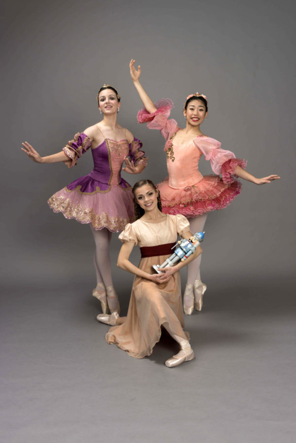 Taylor Feddersen, Ginny Martinez and Erisa Nakamura pose as their characters Sugar Plum Fairy, Clara and Rose Queen, respectively, for this years production of The Nutcracker at the Krannert Center for the Performing Arts.