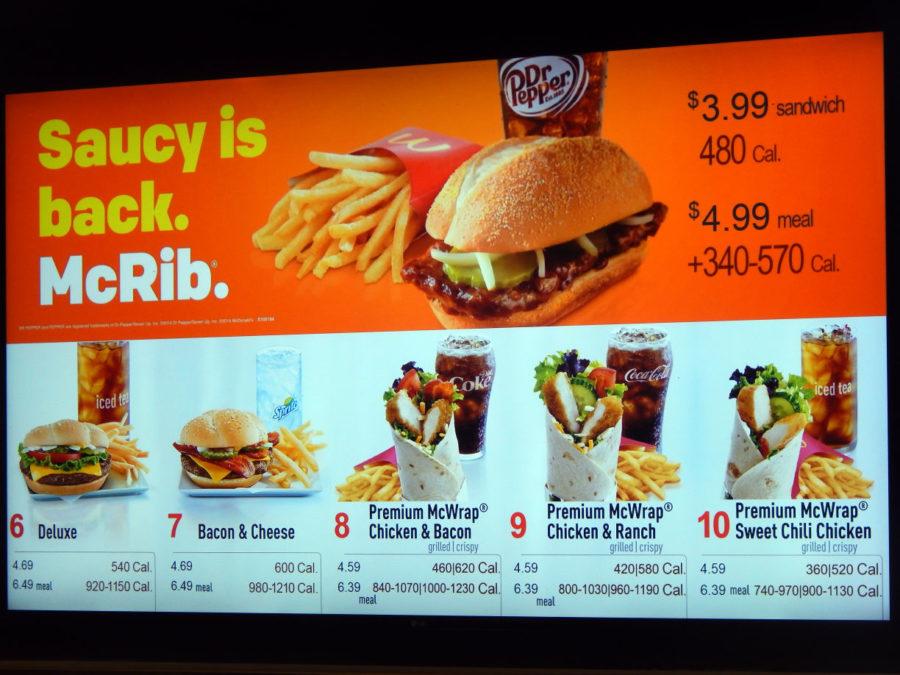 The newly updated menu of McDonalds with the calories of each food.
