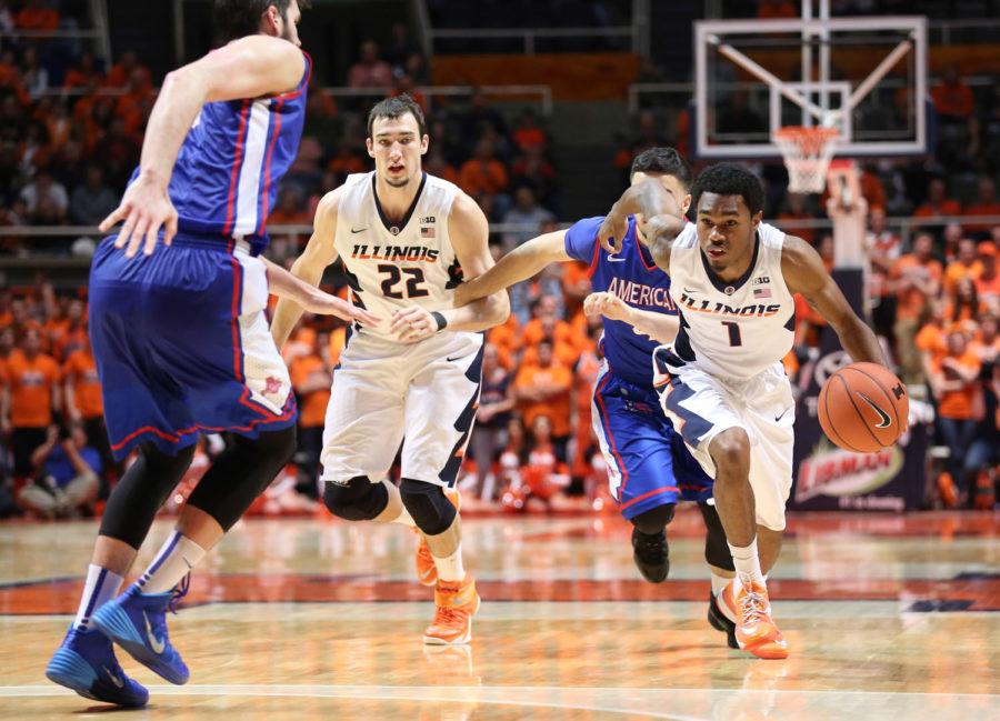 Illinois+Jaylon+Tate+%281%29+drives+towards+the+basket+after+going+around+a+screen+during+the+game+against+American+at+State+Farm+Center%2C+on+Dec.6%2C+2014.+The+Illini+won+70-55.