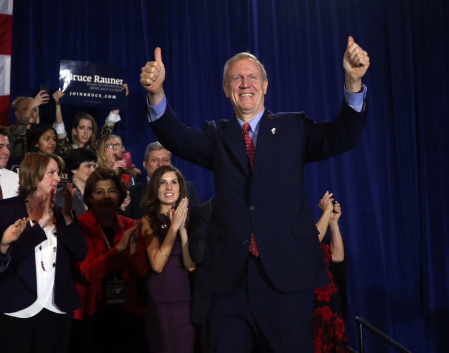 Bruce Rauner celebrates his election as governor of Illinois on election night Wednesday, Nov. 5, 2014 at the Hilton Chicago. 
