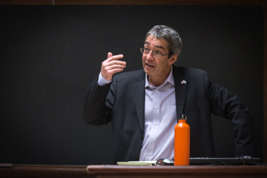 Roey Gilad (right), Consul General of Israel to the Midwest, gives a talk to students in regards to Israels unique situation in the Middle East at the Architectural Building on Wednesday, December 3, 2014.