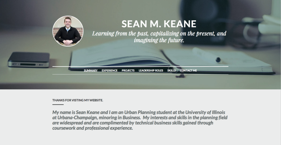 The online portfolio homepage of Sean Keane, senior in FAA. 