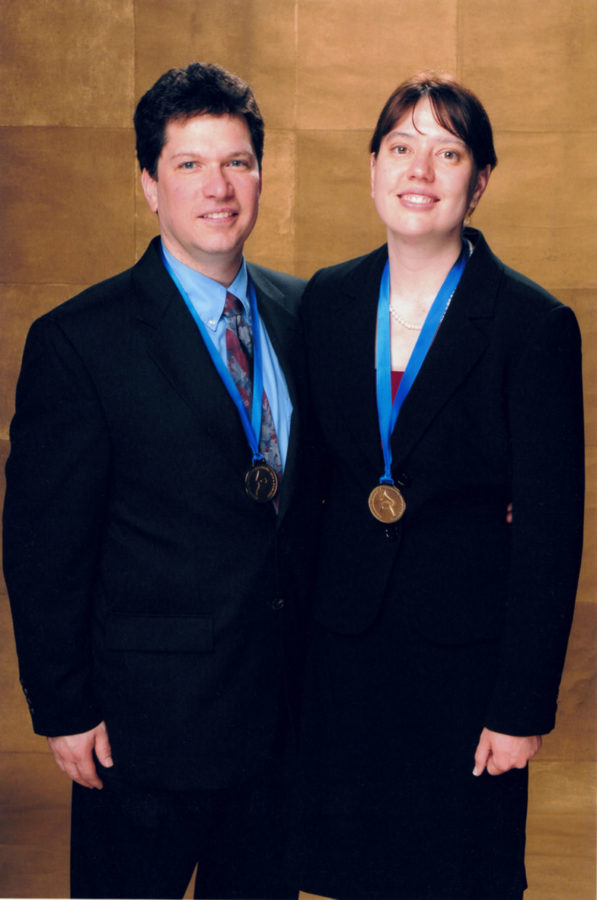 Meagan Hennessey and Richard Martin stand with their Best Historical Album Grammy for their company Archeophone Records in 2006. The Champaign-based company has been nominated twice for this years Grammys.