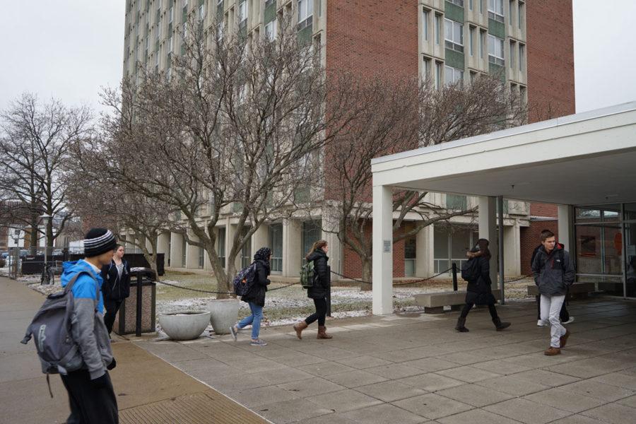 Students are going back to the Illinois Street Residential Hall after class at noon on Tuesday.