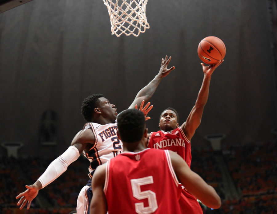 Illinois Kendrick Nunn (25) attempts to stop Indianas Yogi Ferrells (11) attempt on basket during the game against Indiana at State Farm Center on Jan. 18, 2015. The Illini lost 80-74.