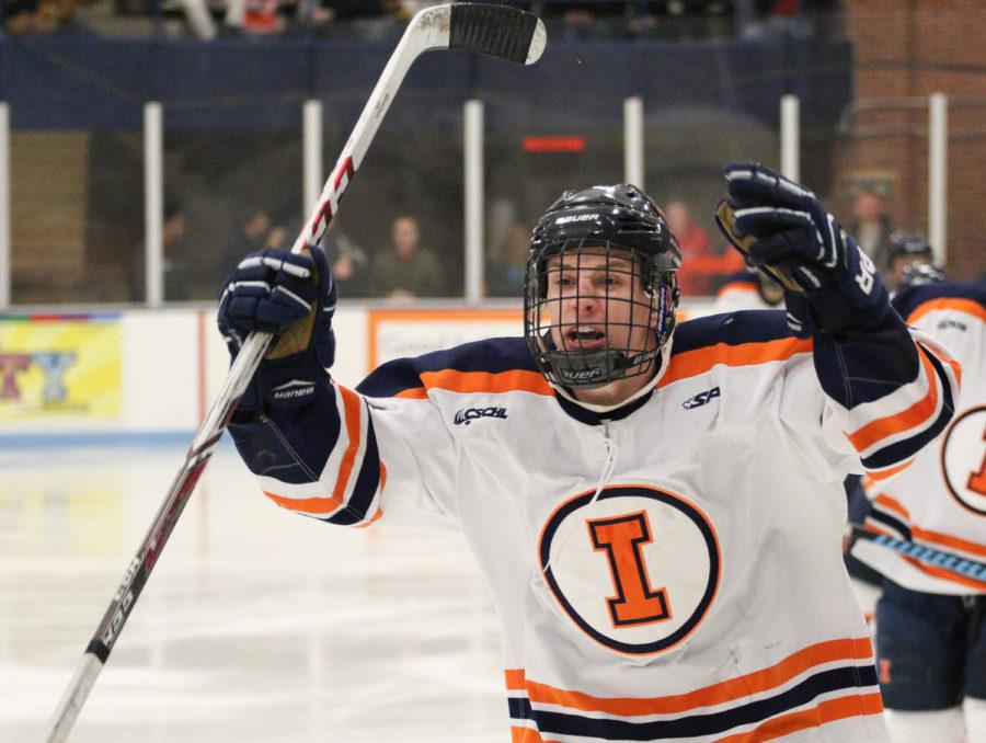 Illinois' Chris Lozinak reacts after scoring a goal during the hockey game vs. Robert Morris at the Ice Arena on Saturday, Jan. 24. The Illini lost 4-3.