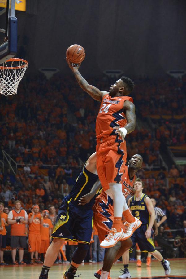 Illinois’ Rayvonte Rice goes up for a layup against Michigan at State Farm Center on Thursday. Rice had missed the past nine games with injury and suspension.