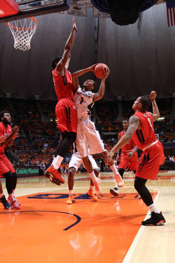 Illinois%E2%80%99+Jaylon+Tate+goes+up+for+a+shot+during+the+game+against+Rutgers+at+State+Farm+Center+on+Tuesday.+Tate+led+the+team+with+six+assists.