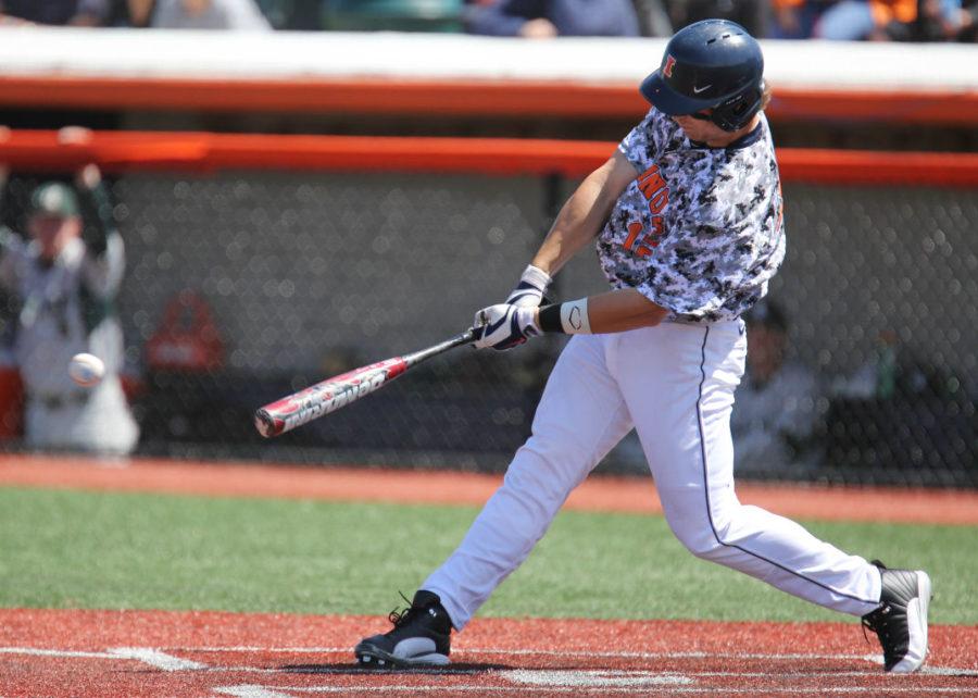 Illinois' David Kerian hits the ball during the game against Michigan State at Illinois Field on May 3, 2014. The Illini won 5-4.