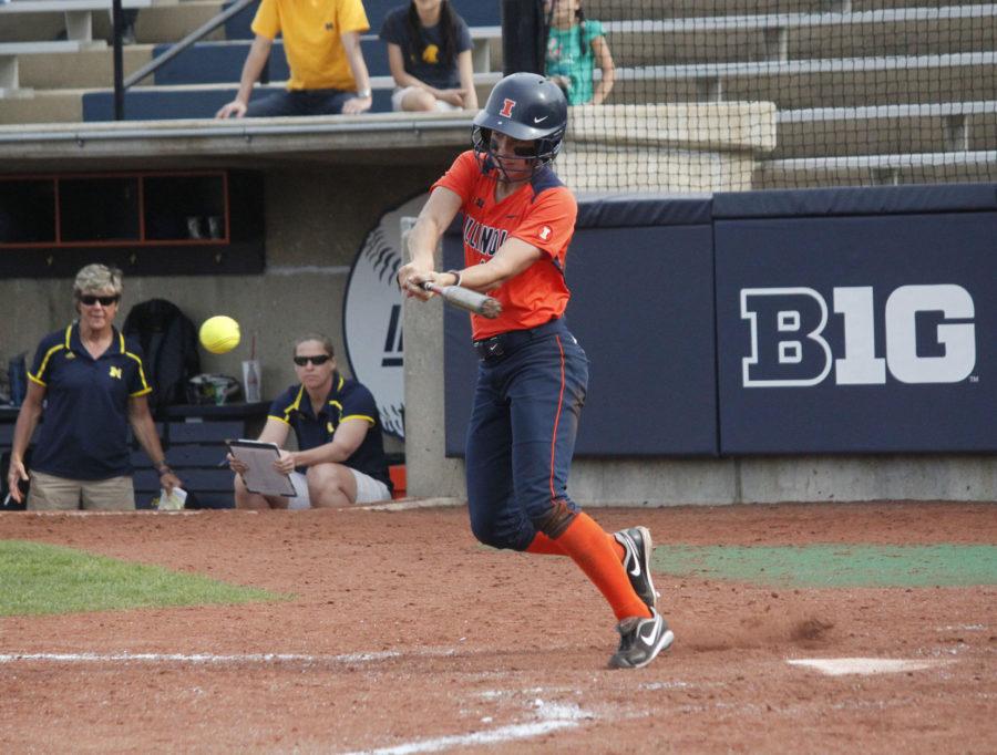 Illinois Kylie Johnson (1) hits a foul ball during the second game against Michigan at Eichelberger Field on Saturday April 26. The Illini lost 6-5.
