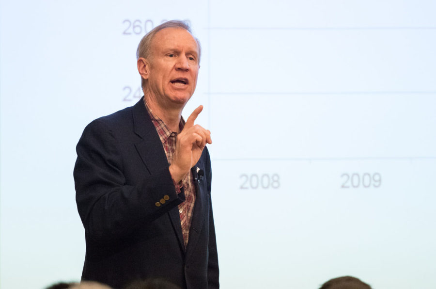 Illinois governor Bruce Rauner speaks at the I-Hotel Ballroom on Thursday, Jan. 29, 2015. Rauner wrote a memo to the Board of Trustees encouraging them to reject a raise for Phyllis Wise. 